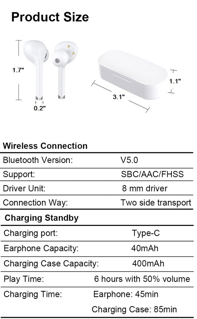 Bluetooth 5.0 Wireless Earbuds IPX4 Waterproof TWS